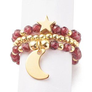 NWOT Faceted Natural Garnet 3 Ring Moon & Star Set Gemstone rings Stretch